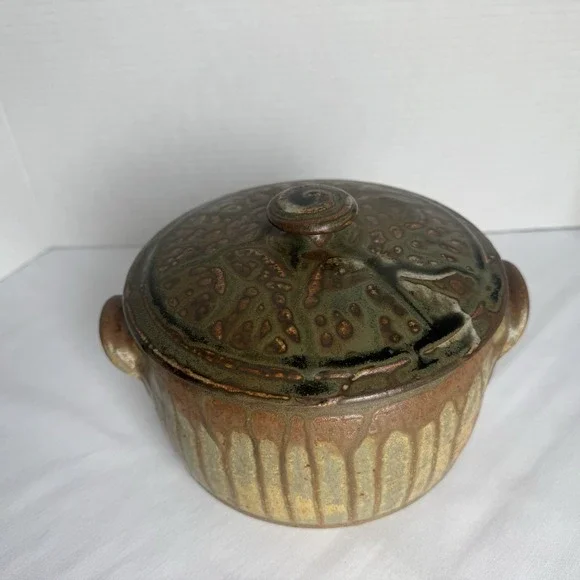 Studio Pottery Lidded Casserole Dish Signed Drip Glaze Earth Tone MCM Organic - Picture 5 of 12
